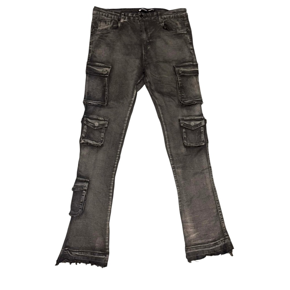 Waimea Mens Stacked Fit Cargo Jeans Washed Black Distressed Denim 38x36